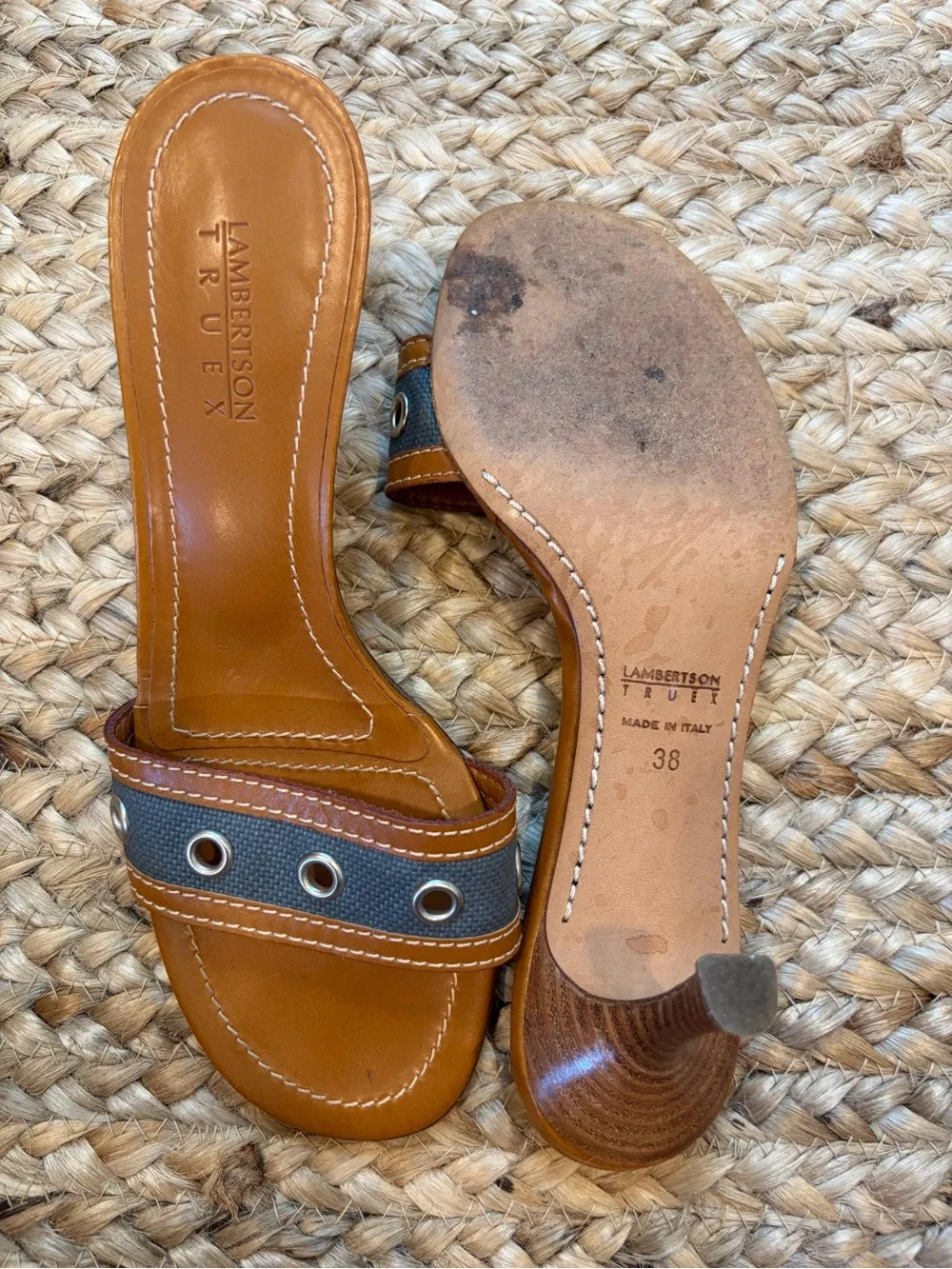 Lambertson Truex Denim and Grommet Sandal Heels | Size 38